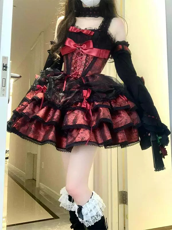 Creamy - Black-Red Ballet - JSK with corset lacing and layered bow detailing