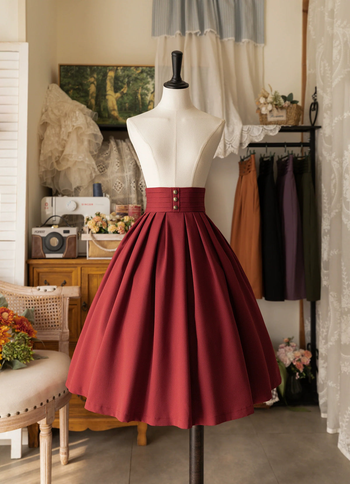 Forest Basket - Elegant Lolita Pleated Skirt S Red