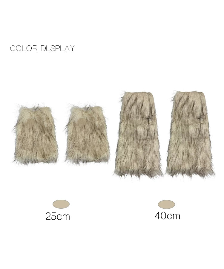 Off-white and black fuzzy leg warmers shown in 25 cm and 40 cm lengths