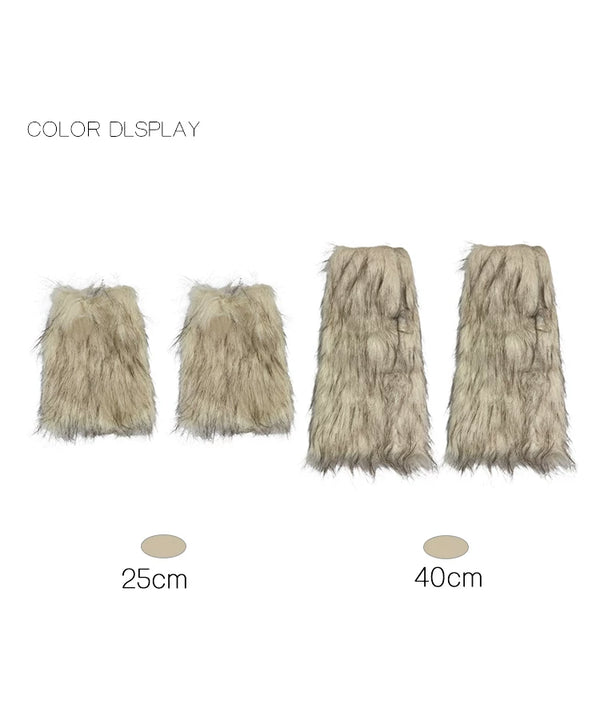 Off-white and black fuzzy leg warmers shown in 25 cm and 40 cm lengths