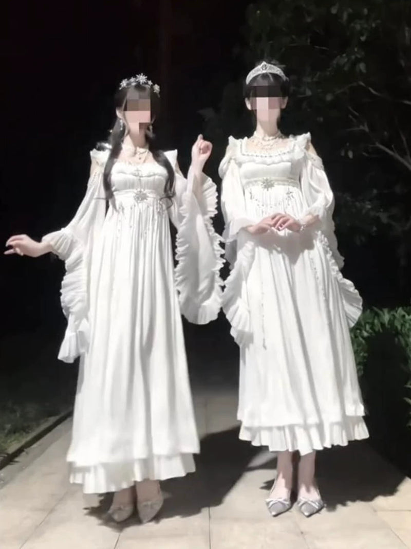 Creamy - White Empire Court - Ruffled-Sleeve White Empire-Waist OP Dress