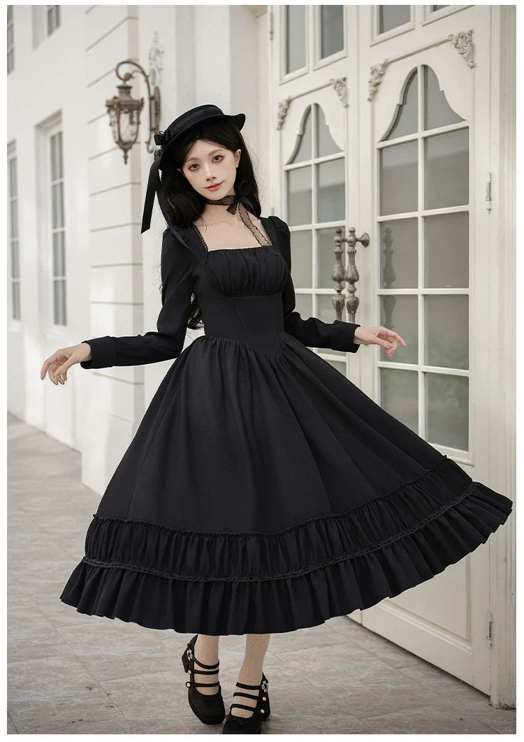 With PUJI - Audrey's Reply - Classic Lolita Square Neck OP, Detachable Embroidered Collar
