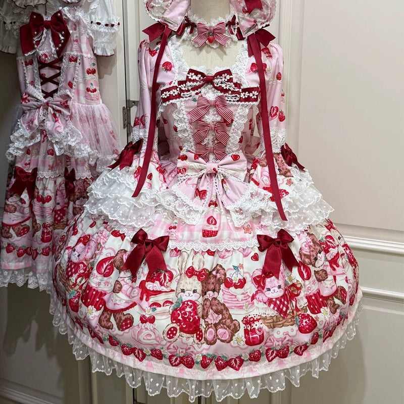 Tiantian - Strawberry - Long-Sleeved OP Dress with Lace Bows