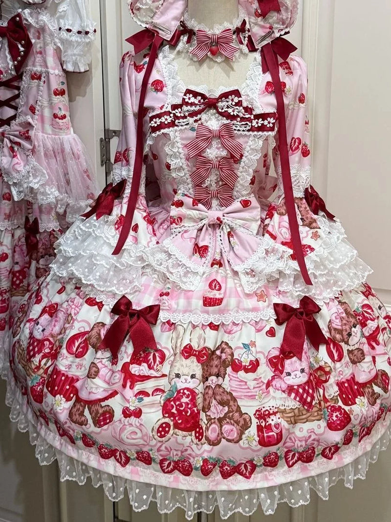 Tiantian - Strawberry - Long-Sleeved OP Dress with Lace Bows