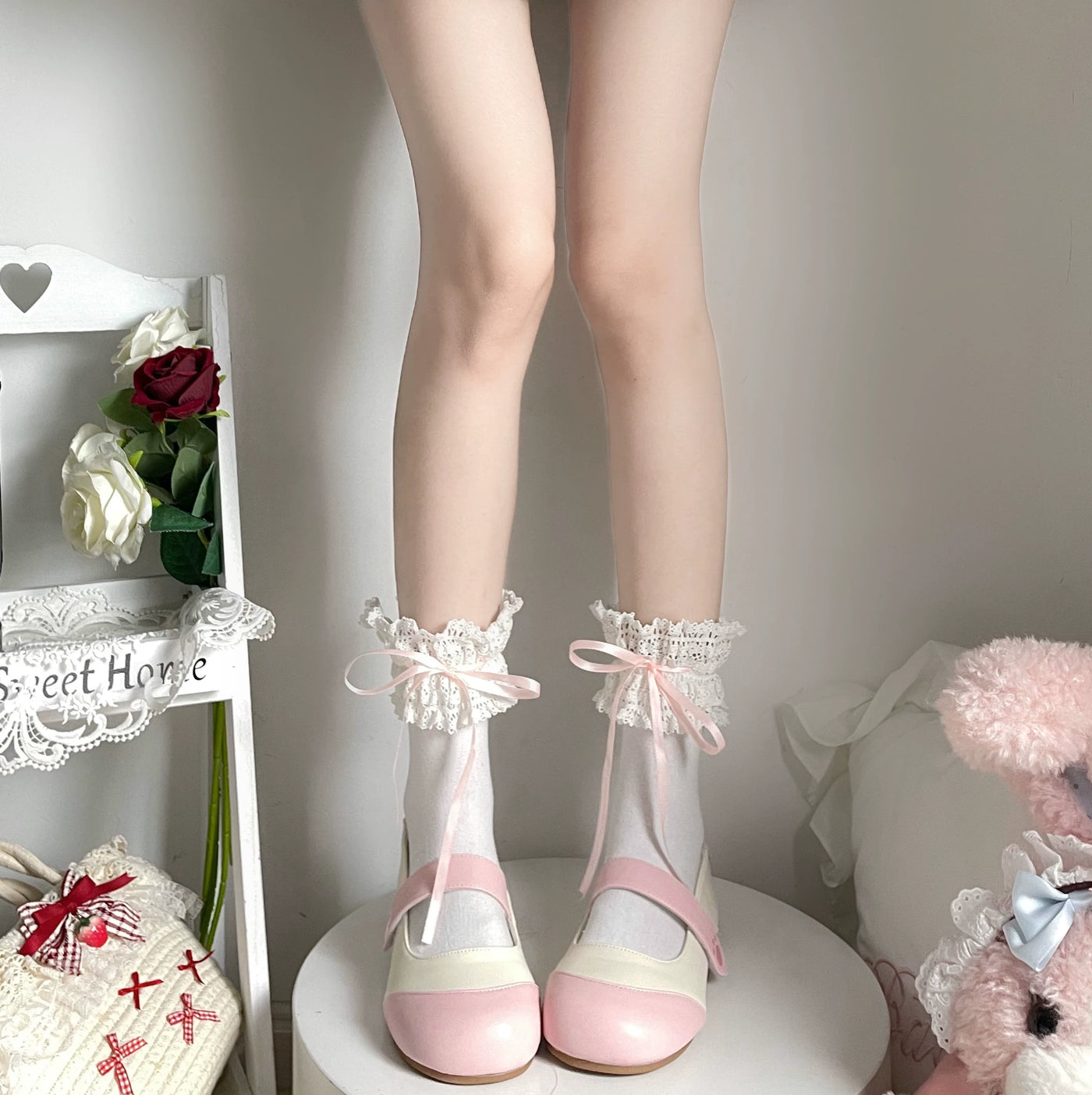 Fantasy Doll - Japanese Lace Bow - Short Cotton Socks with Lace Cuffs