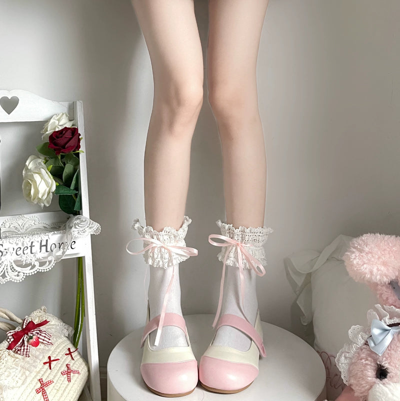 Fantasy Doll - Japanese Lace Bow - Short Cotton Socks with Lace Cuffs