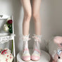 (Short socks) White base, pink ribbon / One Size