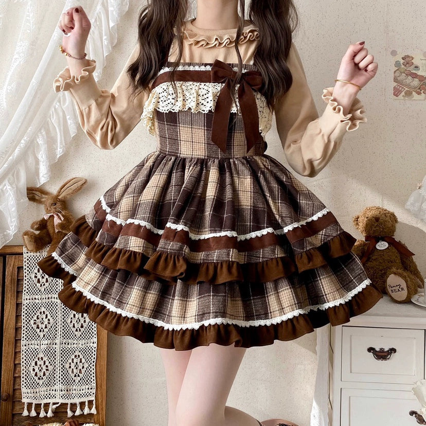 Qianmu - Caramel Cocoa - Sweet Lolita JSK Plaid Design Autumn and Winter Dress