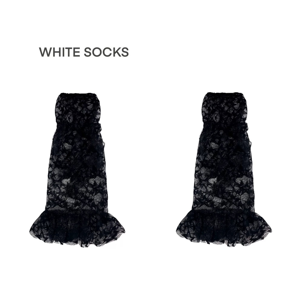 White, black, and apricot lace mid-calf socks with star motifs and tie details