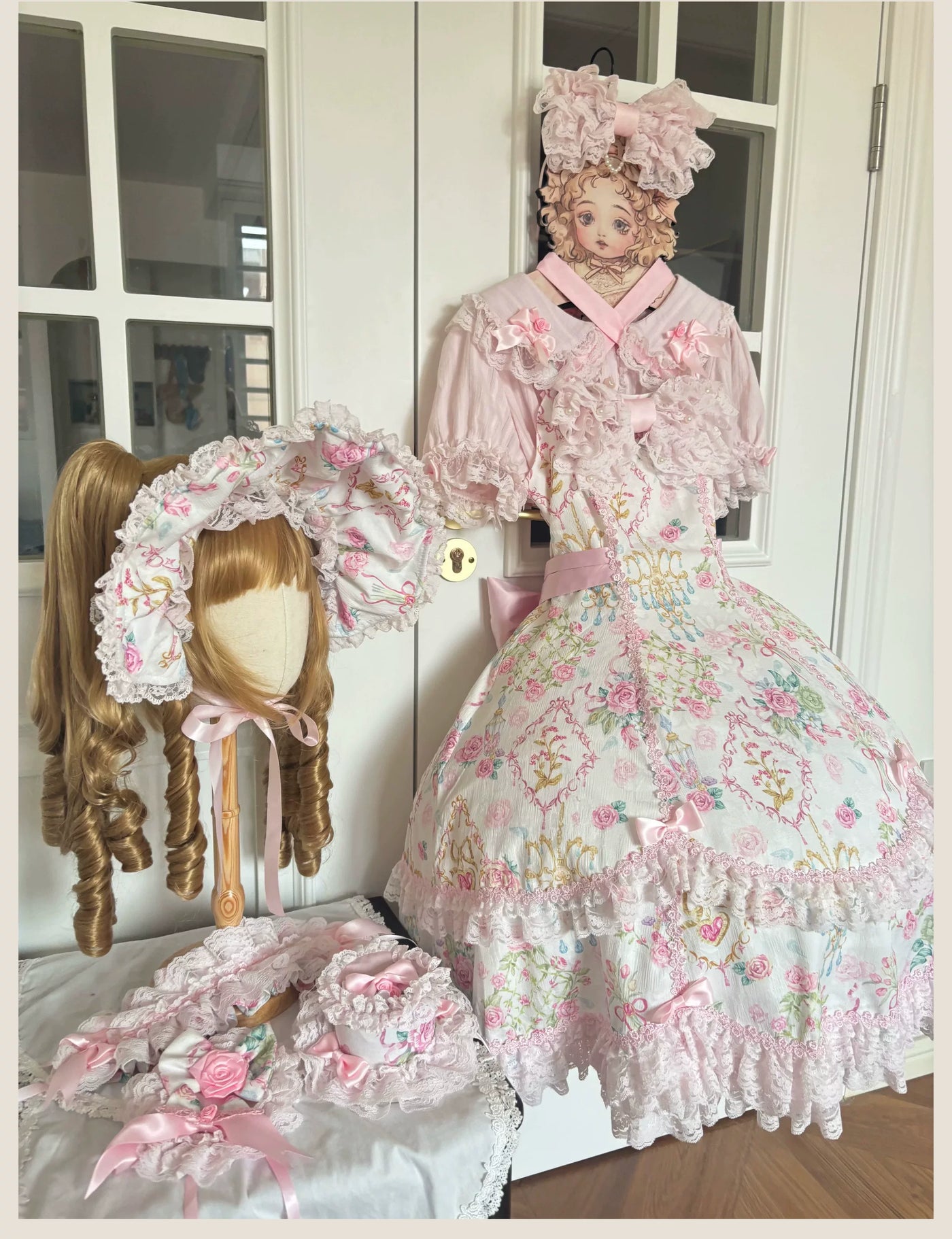 Tata Long Ear - Spring 2025 Floral Wall - Floral Print JSK Dress with Layered Lace Ruffles