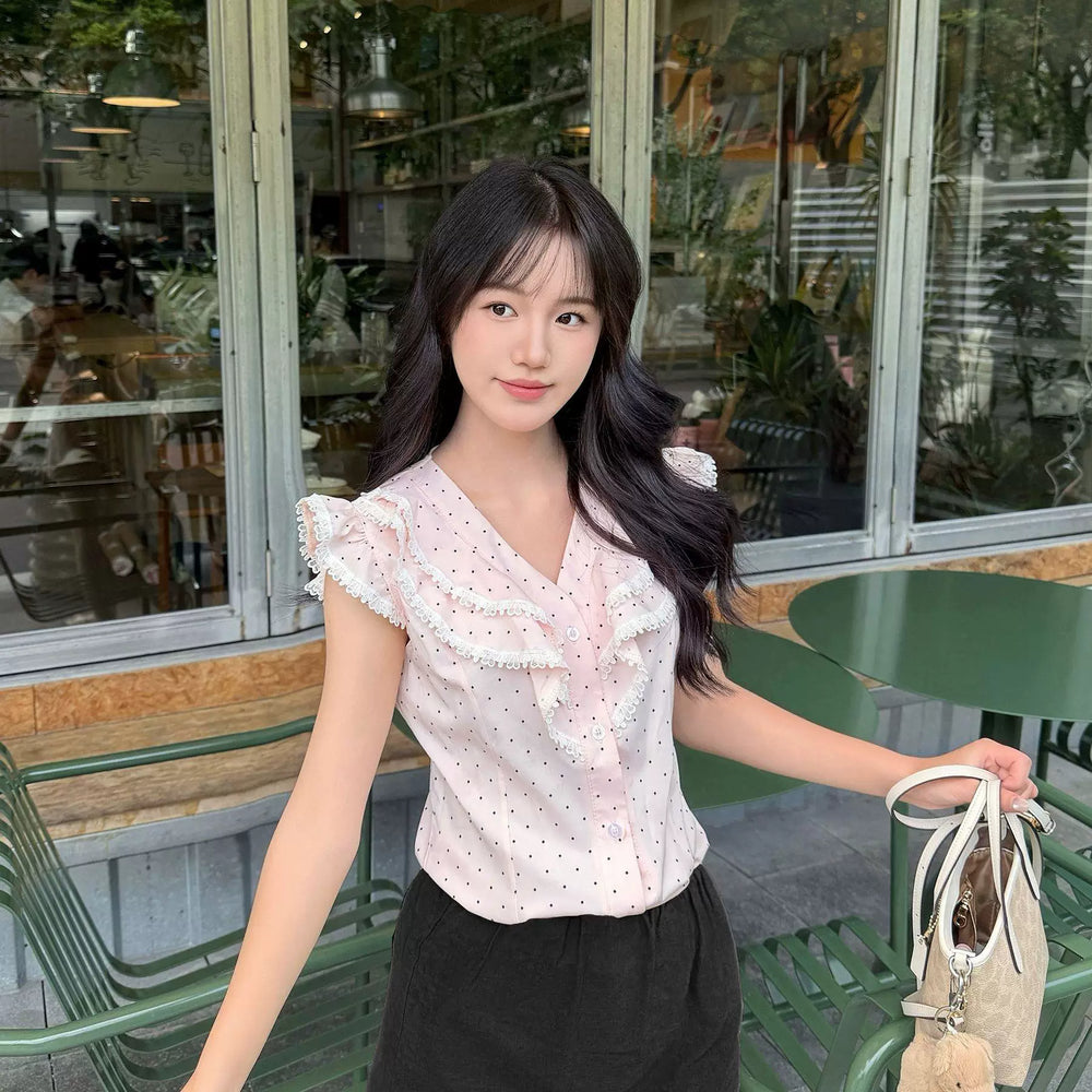 Sweetheart Dream Machine pink polka-dot ruffle blouse with flutter sleeves