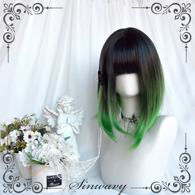 Black-green gradient short straight wig - view 5