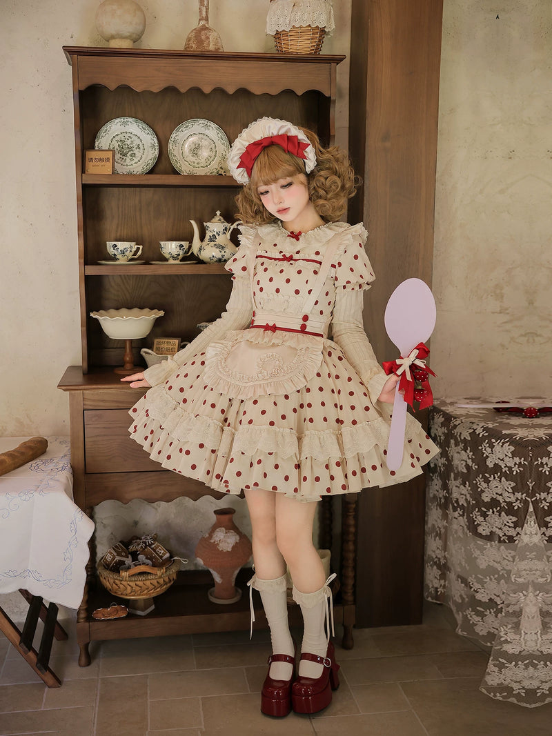 With PUJI - Polka Dot Lollipop - Cotton Old School OP Dress with Vintage Red Polka Dots detail view 3