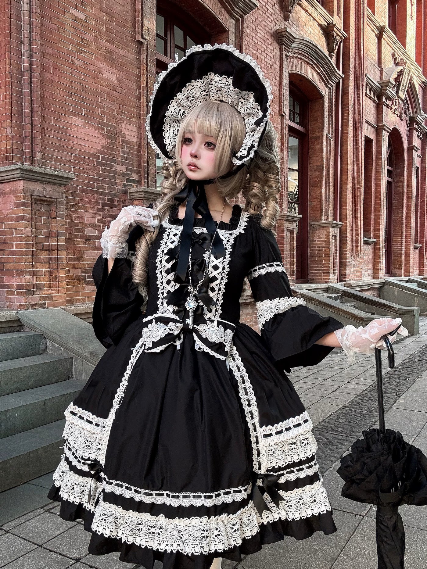 Tata Long Ear - First-Generation Maiden - Black OP Dress with White Lace Trim