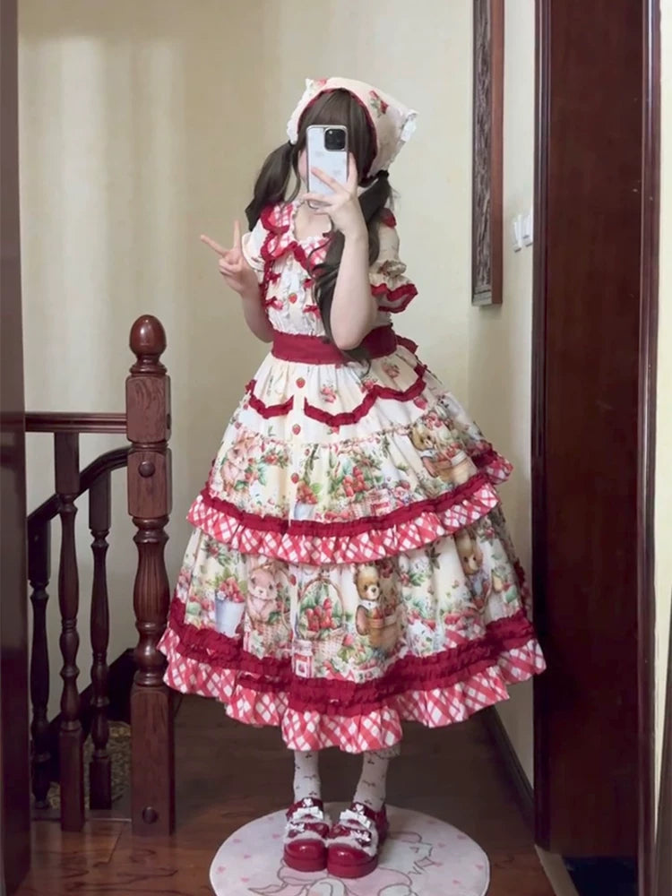 Dream Bunny - December Strawberry Field - Strawberry-Print One-Piece Dress with Red Gingham Ruffles