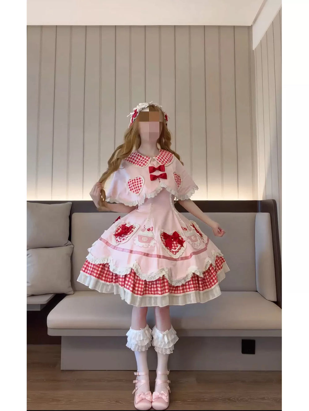Pink Sweet Lolita cake-style one-piece dress on mannequin