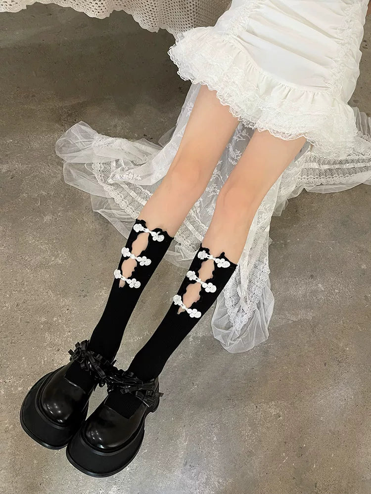 Sock Noble - Y2K Chinese - Openwork Mid-Calf Slouch Socks with Frog-Button Details