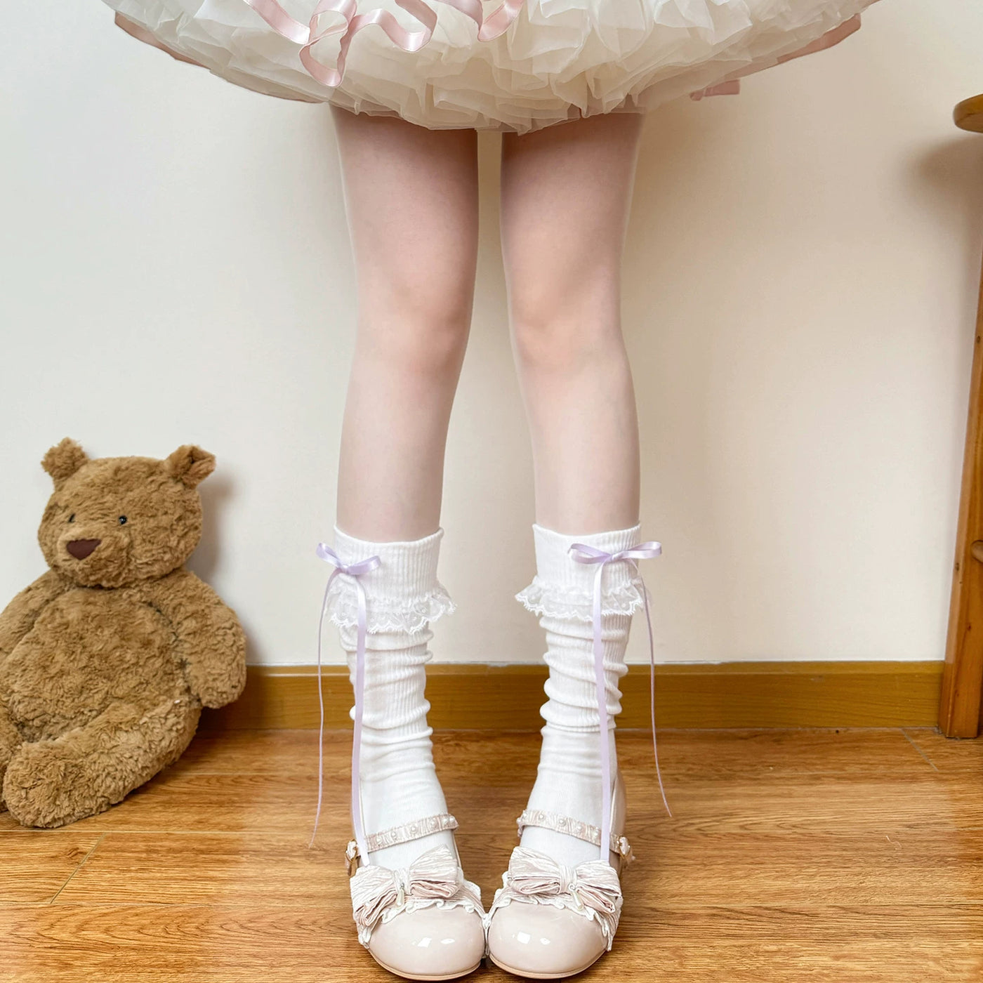 Chubby Bear Tales - Cream Ballet - Thin Scrunch Socks with Ribbon Bows