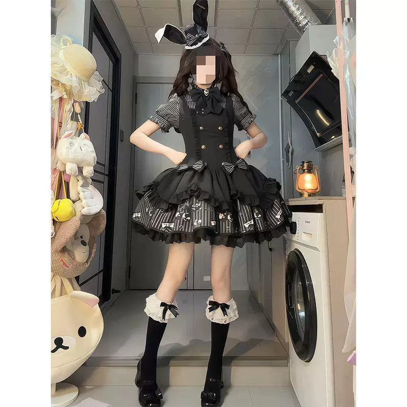 Sweetheart Dream Machine - Noir Stripe - JSK with a waist-cinching suspender skirt