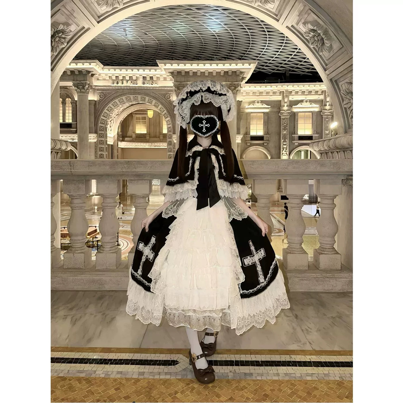 Creamy - Angel Type II - Black and White JSK and Cape Set with Cross Motifs