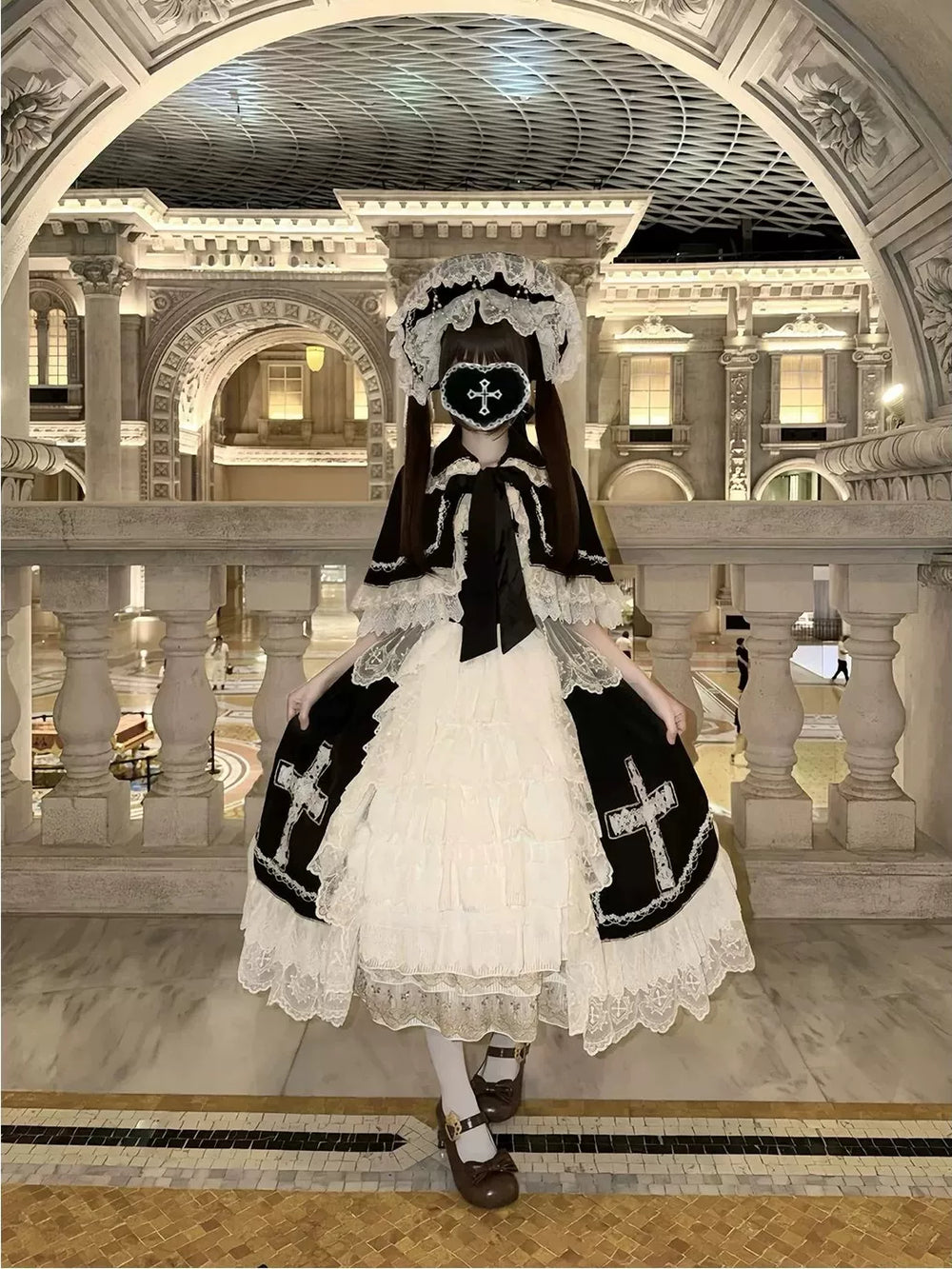 Creamy black and white JSK and cape set with lace trim and cross motifs