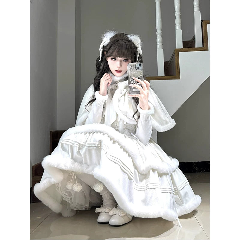 Creamy - Winter Japanese Heiress - Cape, Top & Dress Set with Fluffy Trim