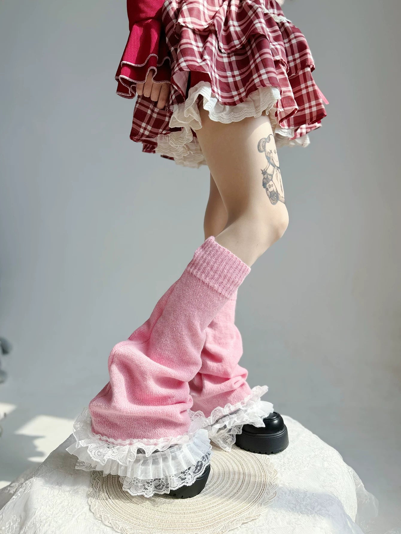 Fantasy Doll - Bowed Lace Layers - Knit Mid-Calf Leg Warmers with Lace Ruffles and Bows