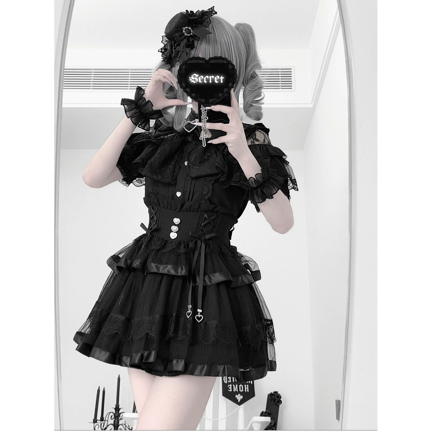 Creamy - Black Bow Lace Set - Three-piece Lolita skirt set with a short-sleeve blouse and layered lace skirt