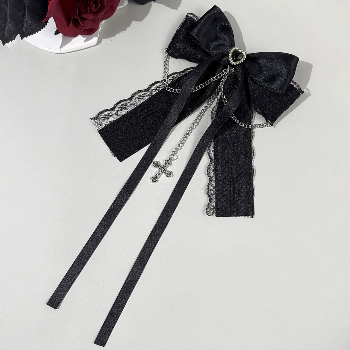 Independent Brand - Cross Chain Bow - Pin or Hair Clip with Lace Trim and Cross Charm