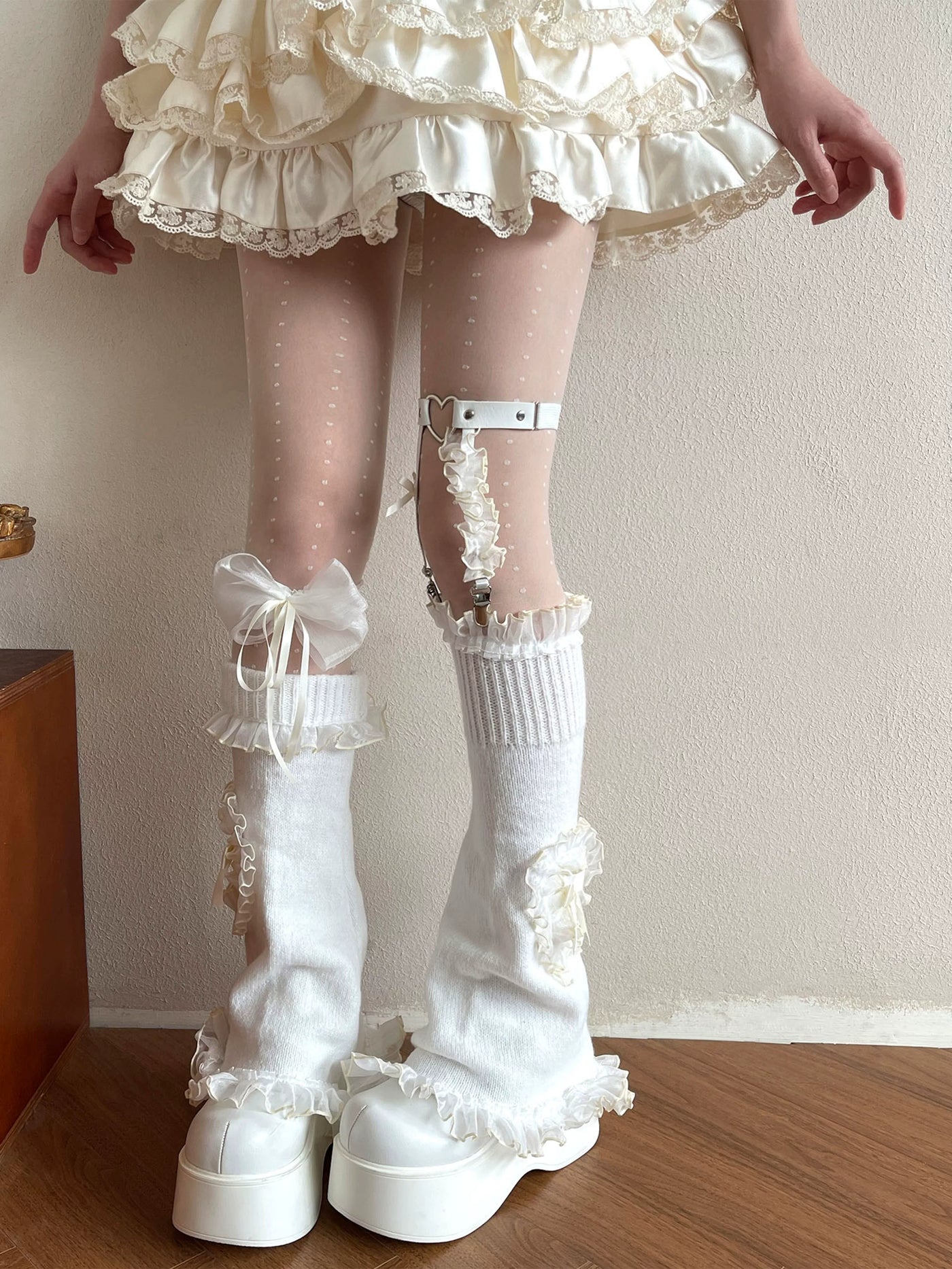 Sock Noble - Cream Ruffle Layers - Dotted Tights, Sock Cover and Bow Leg Ring Options with Ruffled Lace Details