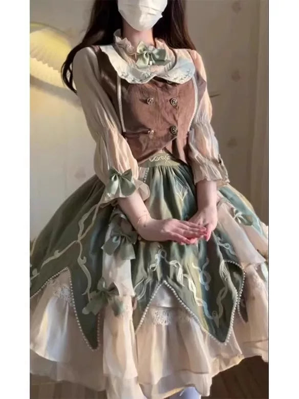 Creamy - Green Garden Three-Piece - Vest, Shirt and Short Skirt Set with Bow Accents