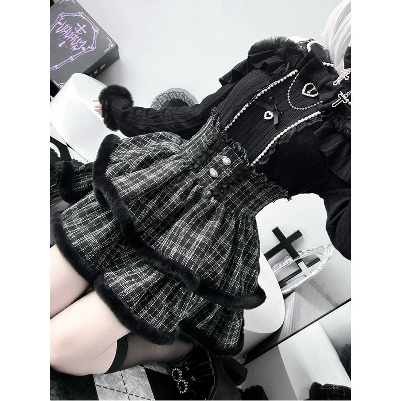 Creamy - Winter Plaid - Long-Sleeve Knit Top and Plaid Skirt Set with Plush Trim