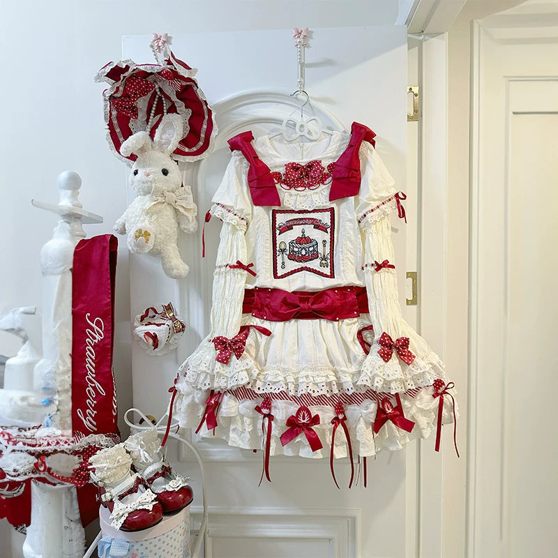 Snow Meow: Strawberry Sweetheart Red and Cream Lolita OP Dress Set
