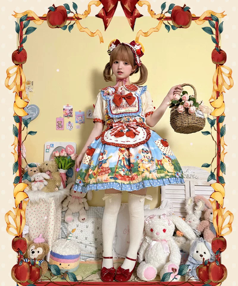 Star Fantasy - Red Apple Paradise - Red Lolita Dress with Apple and Strawberry-Cream Motifs