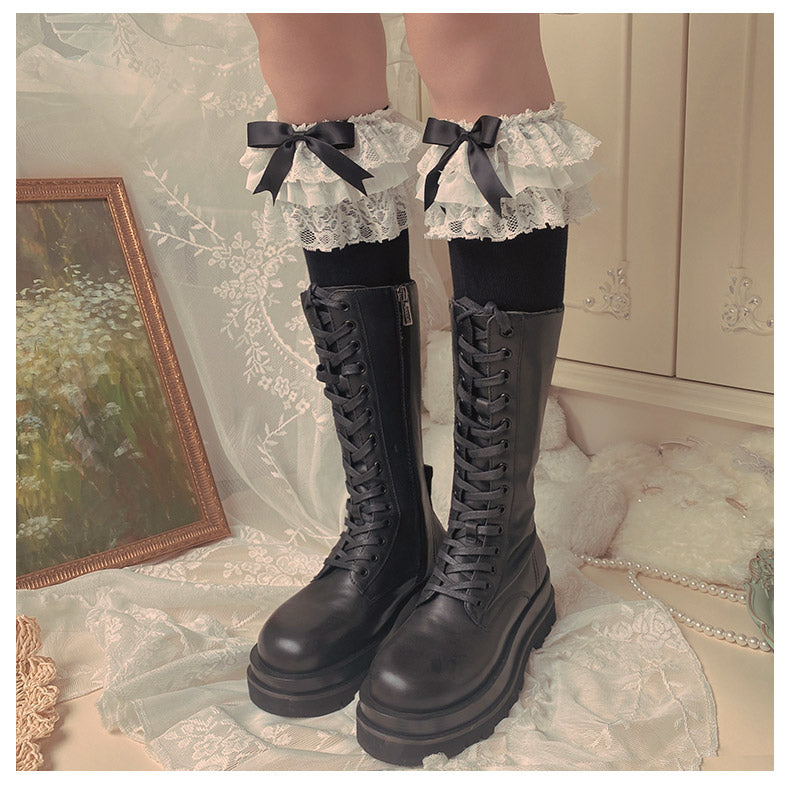 WAGUIR - Cotton Lolita Bow Socks with - Layered Lace Trim Socks
