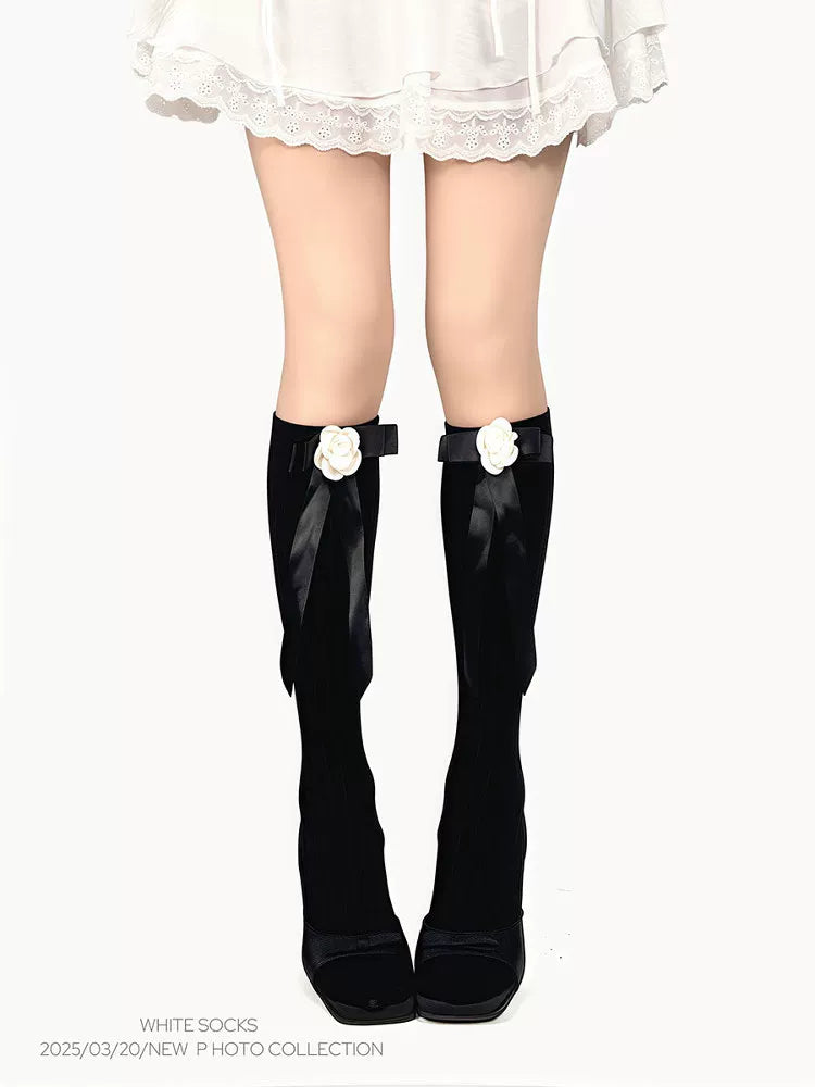 White Socks - Vintage Ribbon - Ribbed Scrunch Socks with Rose-and-Ribbon Trim