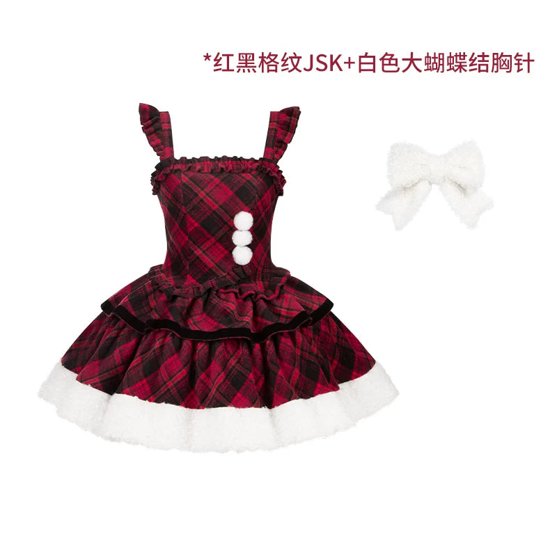 With PUJI - Snow Night Serenade - Fluffy Plaid Kawaii Lolita JSK, Reversible Cape detail view 11