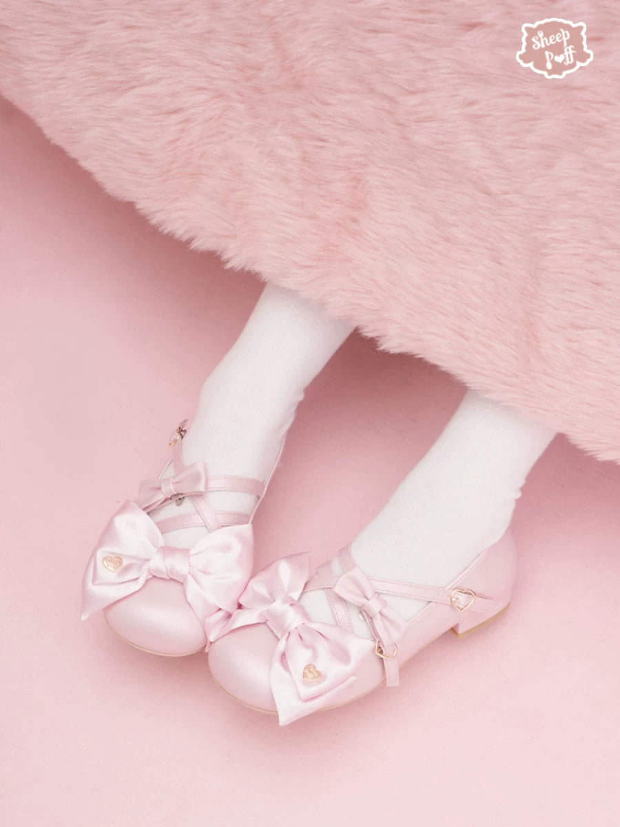 Sheep Puff Satin Candy Low Heel Lolita Shoes featuring a glossy satin finish and adorable puff design, perfect for elegant fashion.