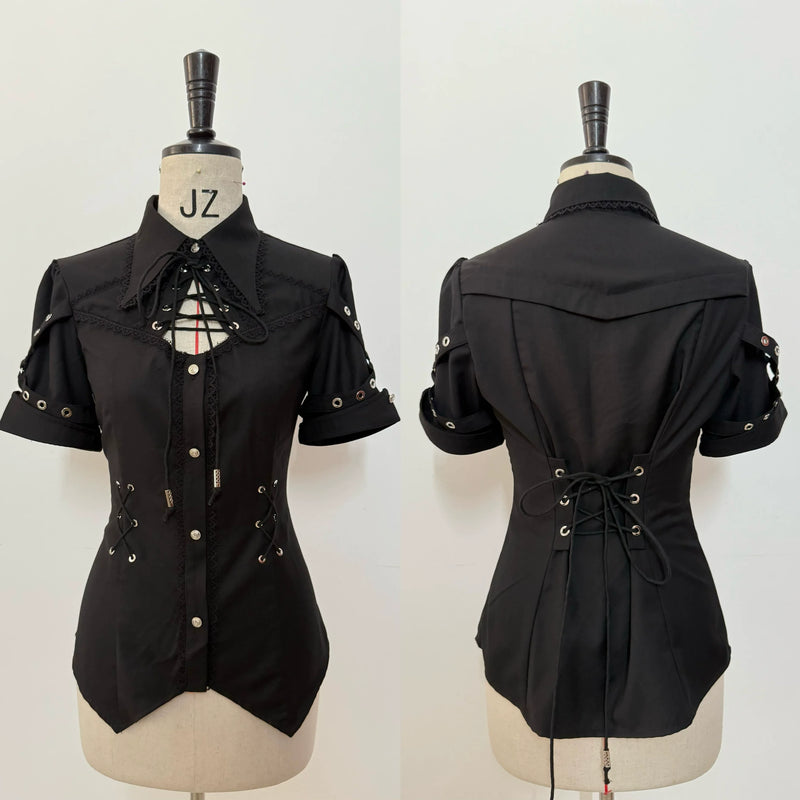 Gazing Galactic - Chest Cutout & Lace-Up - Ouji Lolita blouse with a prince-style lapel collar - product detail 8