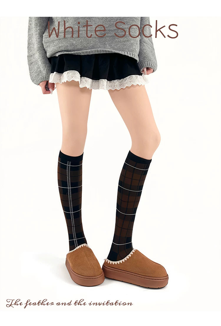 White Socks - Collegiate Plaid - Mid-Calf Socks with Contrast Cuffs