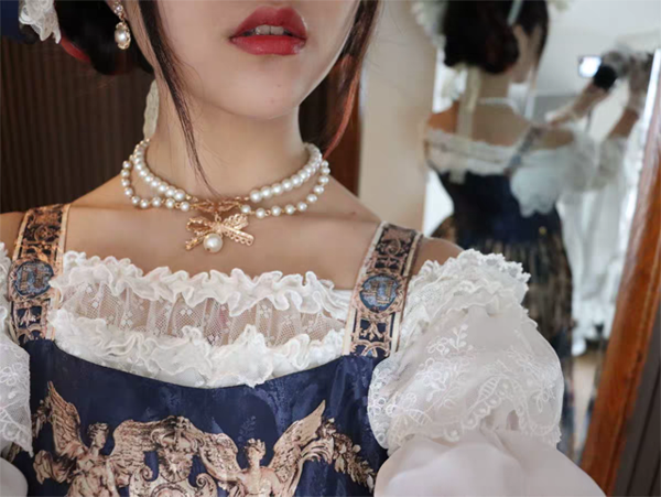 Rose of Sharon - Pearl Chain Lace Bow Lolita Kawaii - Necklace Neckwear
