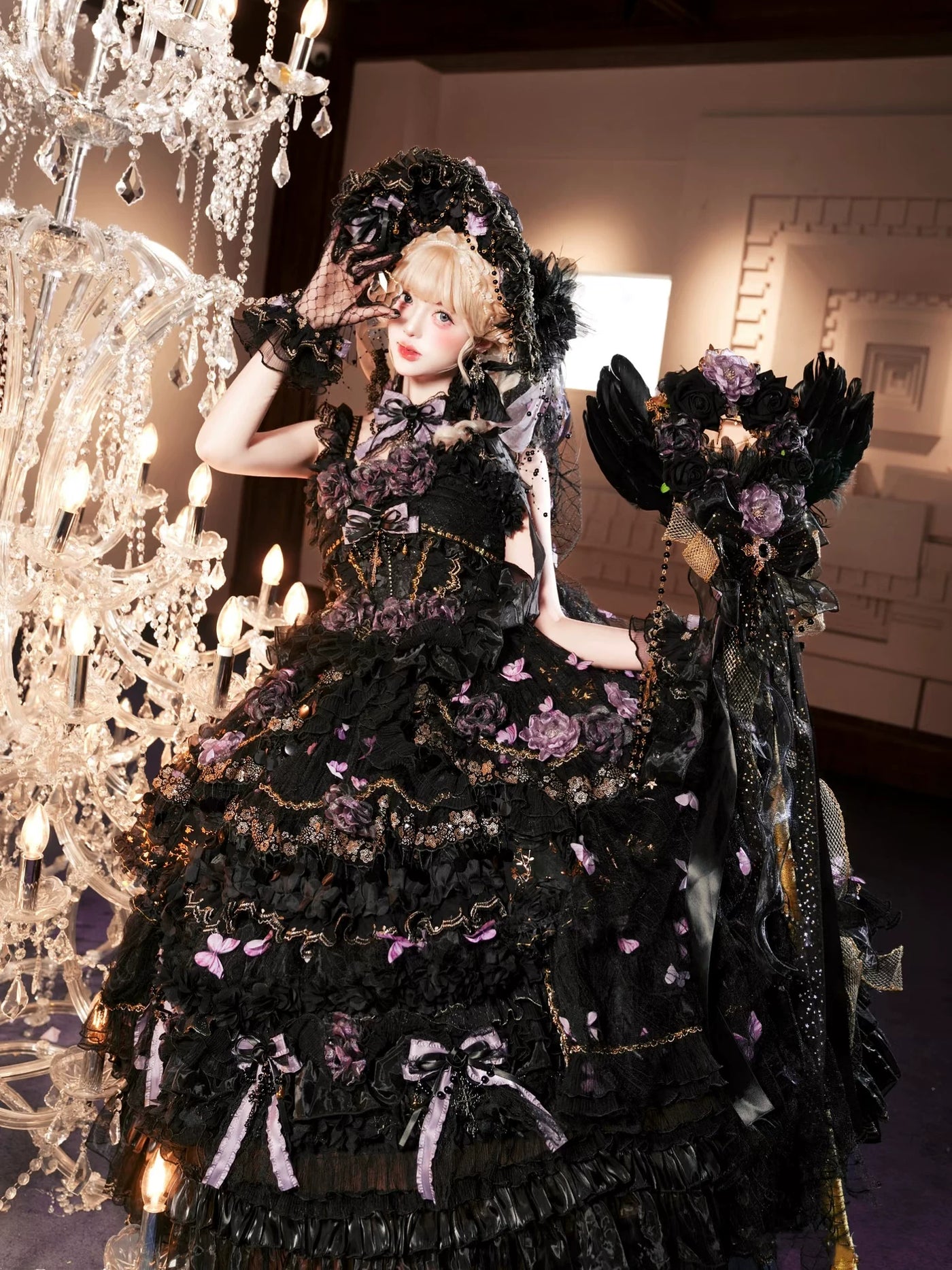 Cat Fairy - Moonlit Butterfly Dance - Black-Purple Gothic Lolita Jumper Skirt with Butterfly Motifs