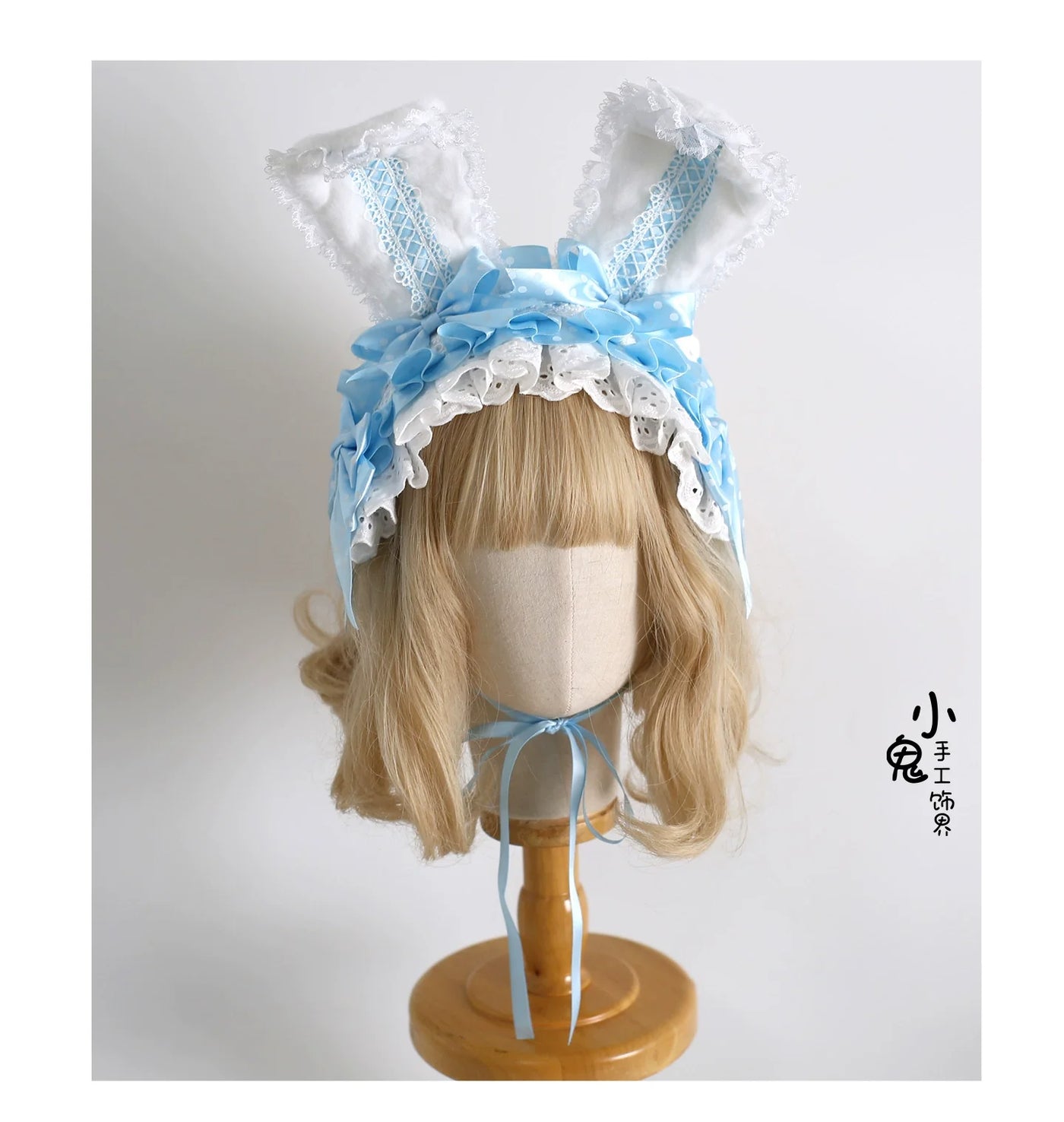 Xiaogui - Sweet Lolita Polka Dot Lace Hairband - Shapeable Bunny Ears Headwear