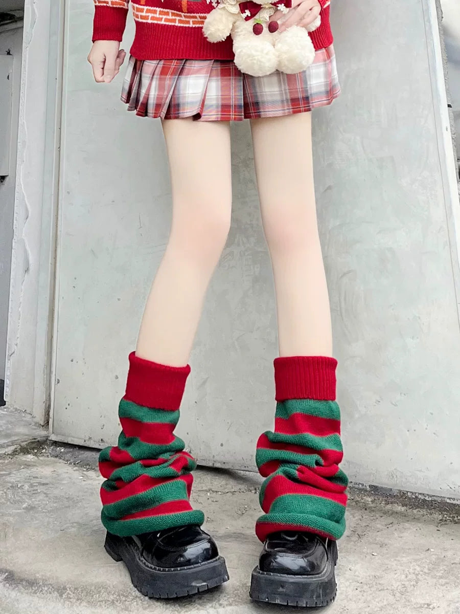 Floral Milk Cat - Christmas Stripe - Leg-Warmer Socks with Red Cuffs