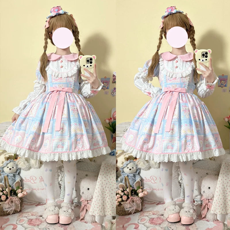 Lady Han Sweet Bunny Bear Lolita dress with pastel bunny and bear motifs, featuring a cute, sweet design in soft fabrics.