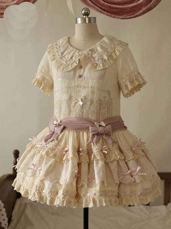 Pink-purple Lolita OP dress with ruffled collar and tiered skirt, front view