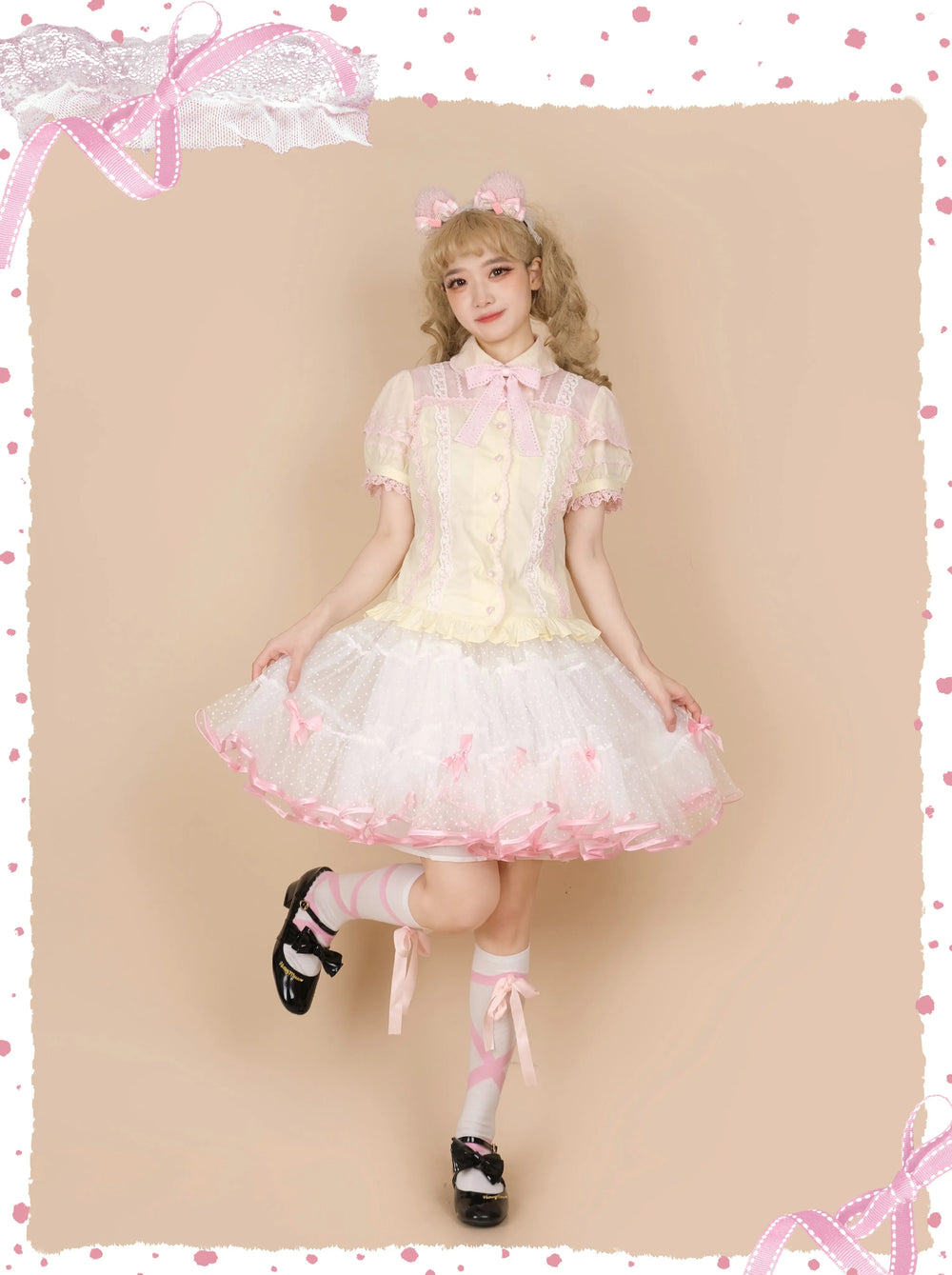 Galette Bunny petticoat shown in a pink heart-flocked style and a pink-and-white polka-dot style.