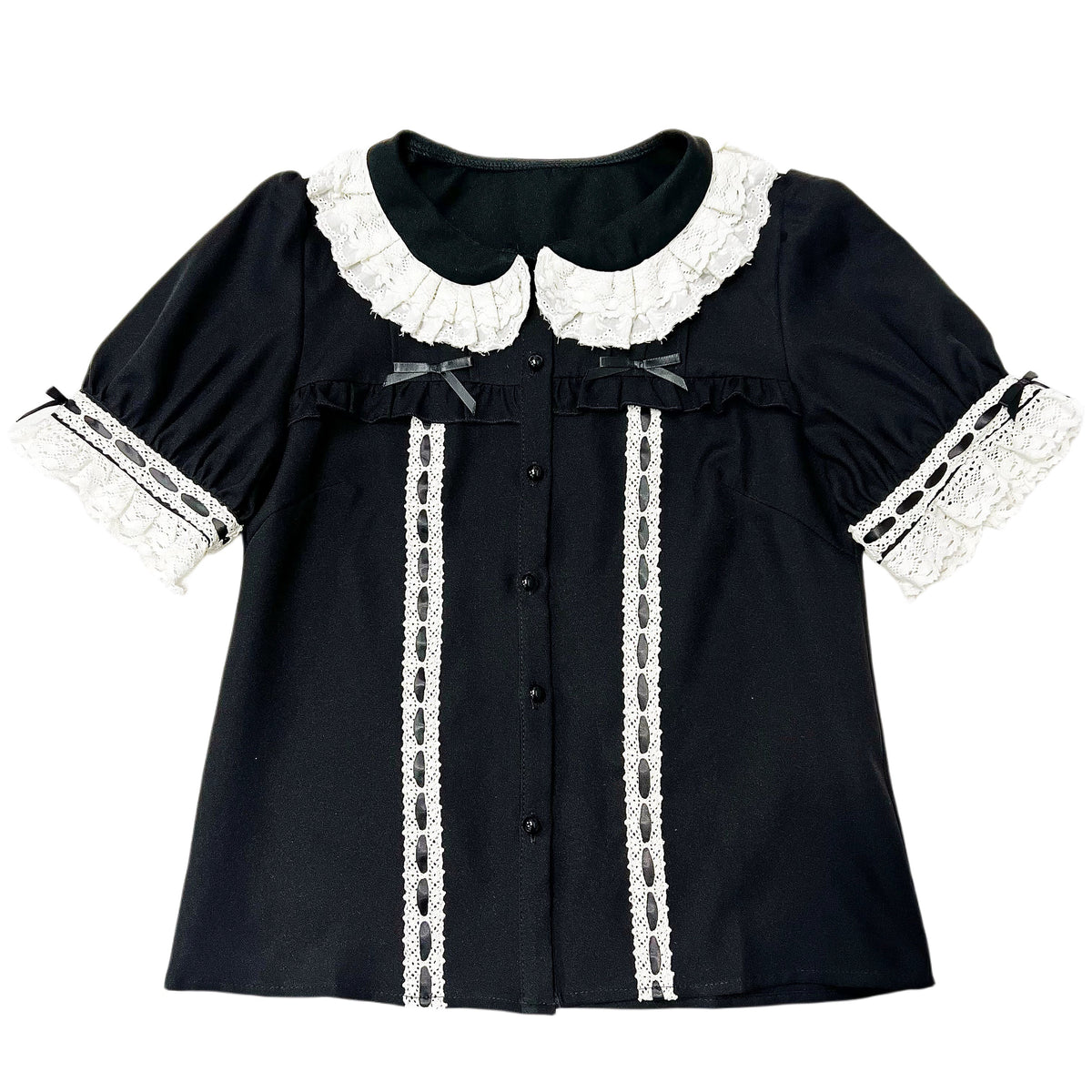 Black short-sleeve shirt with white lace collar, cuffs and front trim