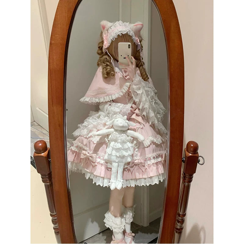 Creamy - Pink Doll Princess - Pink JSK Dress with Ruffled Cape