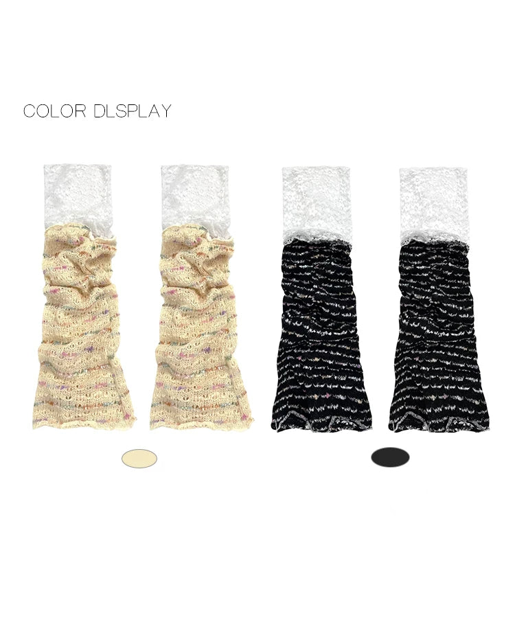 Flared leg warmers in rendered yellow and rendered black with lace-panel details.
